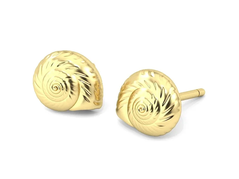 Pair of gold spiral shell stud earrings with textured detailing on white background