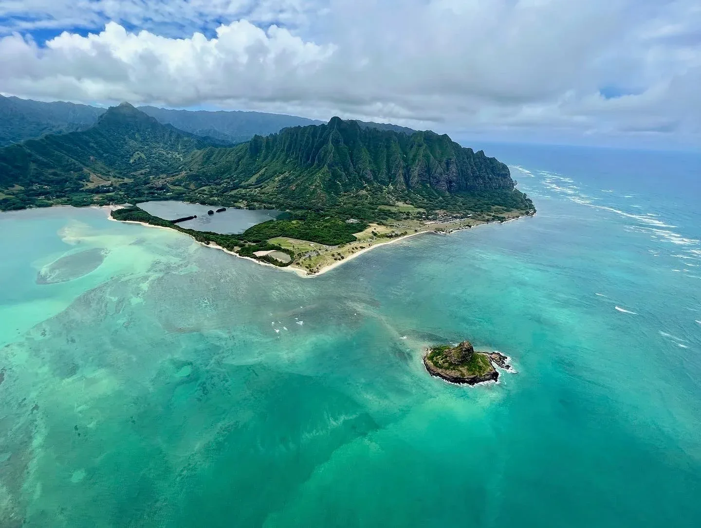 Aerial view of the Kualoa coastline with Mokoli'i island